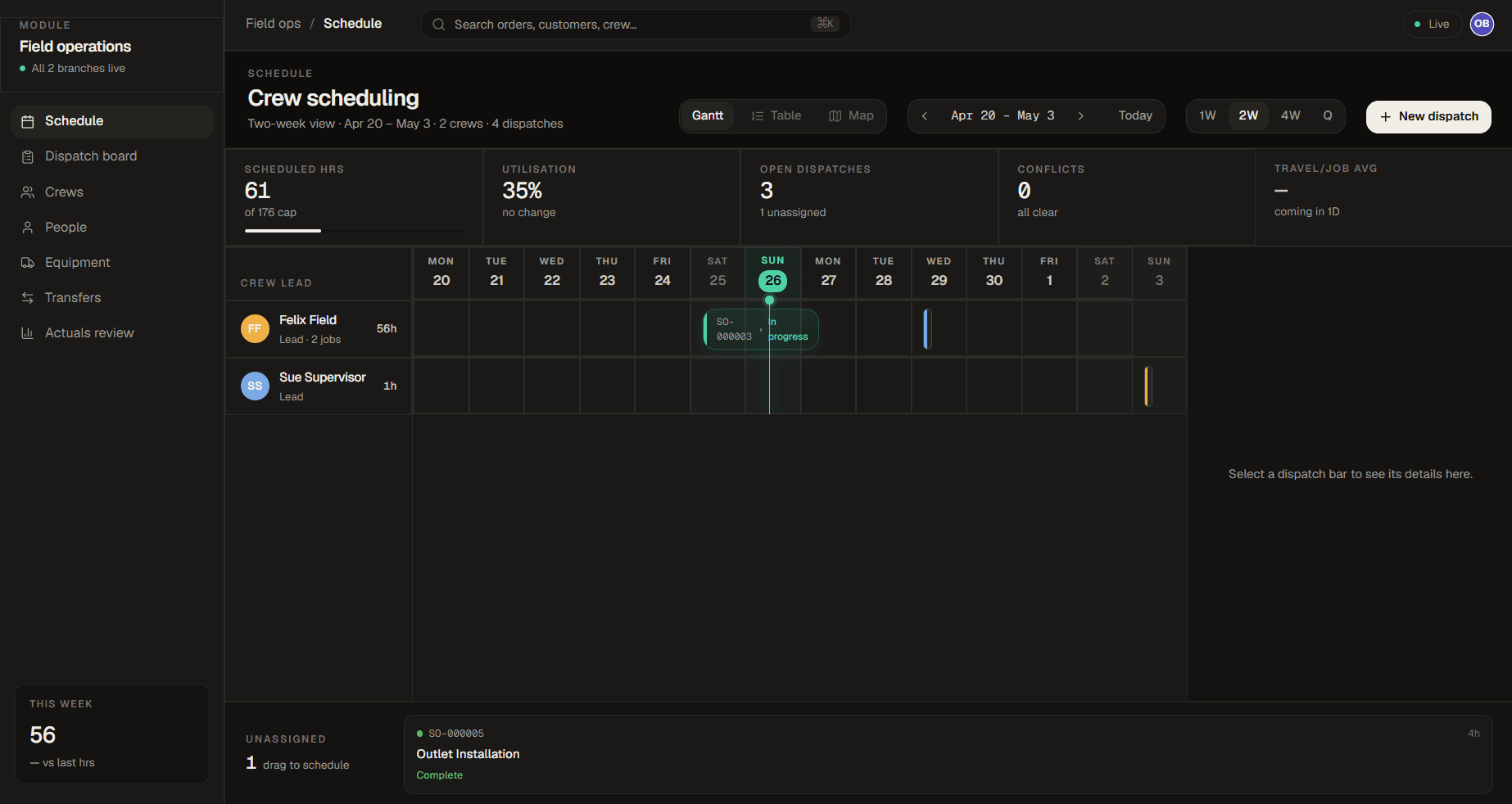 RevoraHQ dispatch board showing scheduled and in-progress jobs across branches
